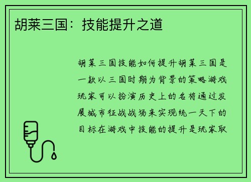 胡莱三国：技能提升之道