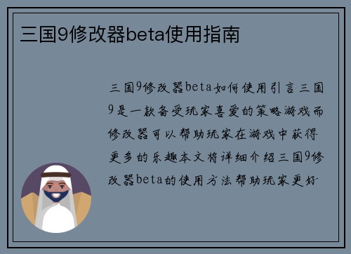 三国9修改器beta使用指南