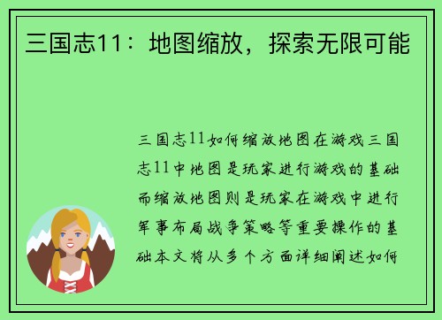 三国志11：地图缩放，探索无限可能