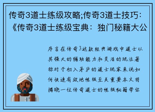 传奇3道士练级攻略;传奇3道士技巧：《传奇3道士练级宝典：独门秘籍大公开》